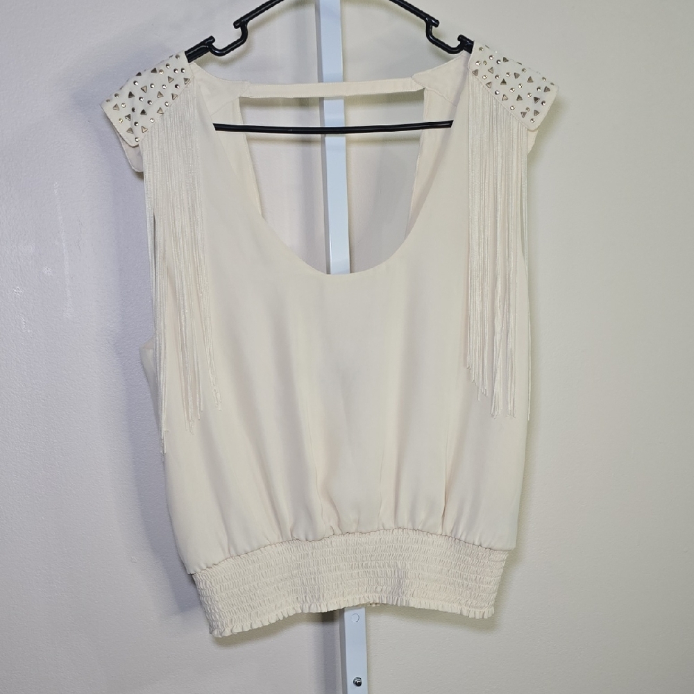 Bebe Cream Fringe Detail‎ Blouse Ladies Sz L